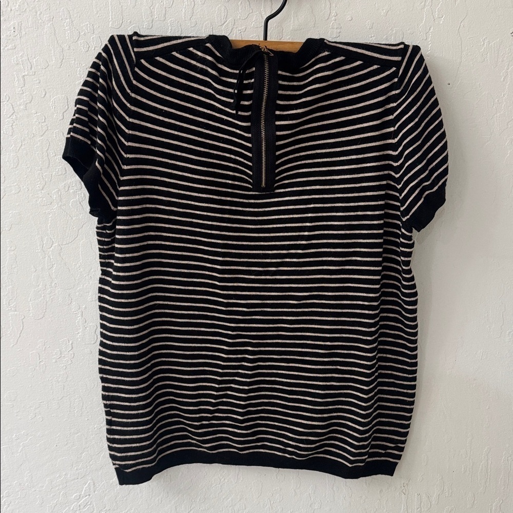 Premise Black Tan Cream T Shirt Sweater Zip Back Lightweight Size Large - Picture 6 of 7